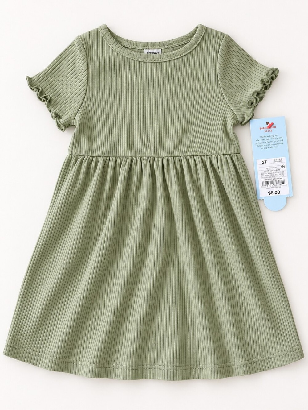 Cat & Jack Girls Olive Green Ribbed Flutter Sleeve Dress 2T NWT